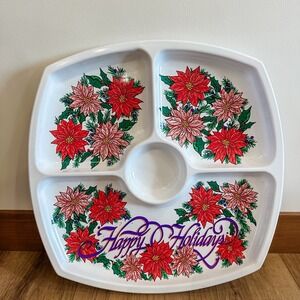 VTG Christmas Serving Tray Plastic Poinsettia Happy Holidays Divided 15" 90s